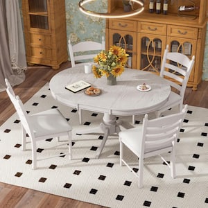 5-Piece 58 in. Retro Functional Extendable Leaf Dining Table Set with Rubber Wood Round Table and Dining Chairs, White