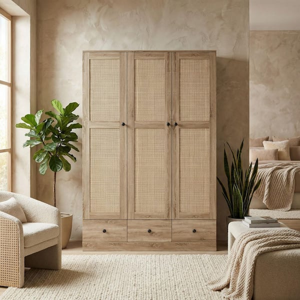 Greige Oak Finish Wood 47.2 in. Bedroom Chifferobe with Rattan Doors, Hanging Rod, and Multiple Storage Drawers