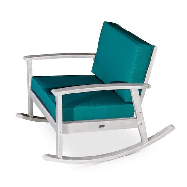 Zeus & Ruta Silver Gray Finish Eucalyptus Wood Outdoor Rocking Chair with Dark Green Cushion for Garden, Patio, Poolside, Backyard