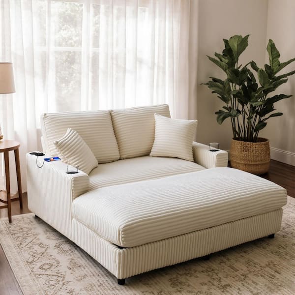 White 64.1 in. Polyester Square Arm Chaise Lounge with USB Charge Station, Cup Holder, Pillows