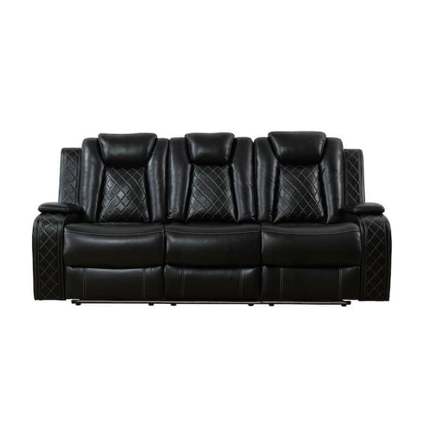 AndMakers 83.5 in. W Round Arm Faux Leather Rectangle Reclining Sofa in. Black
