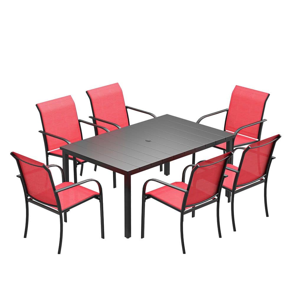 7-Piece Patio Dining Set with 63 in. Black Metal Rectangular Table and 6-Red Stackable Dining Chairs for Outdoor