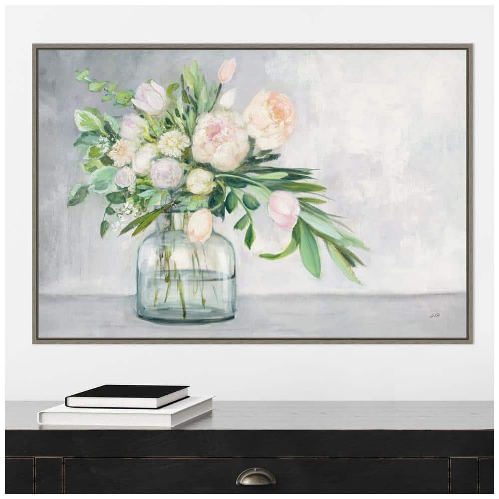 Blushing Spring Bouquet Acrylic Landscape Canvas with Distressed Greywash Frame