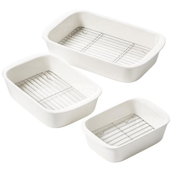 3-Piece White 13.7 in. x 9.6 in. Ceramic Casserole Dishes Set with Roasting Racks, Large Lasagna Pans with Handles