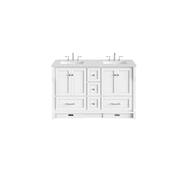Booster 60 in. W x 22 in. D x 34 in. H Double Bath Vanity in White with White Carrara Marble Top with White Sinks