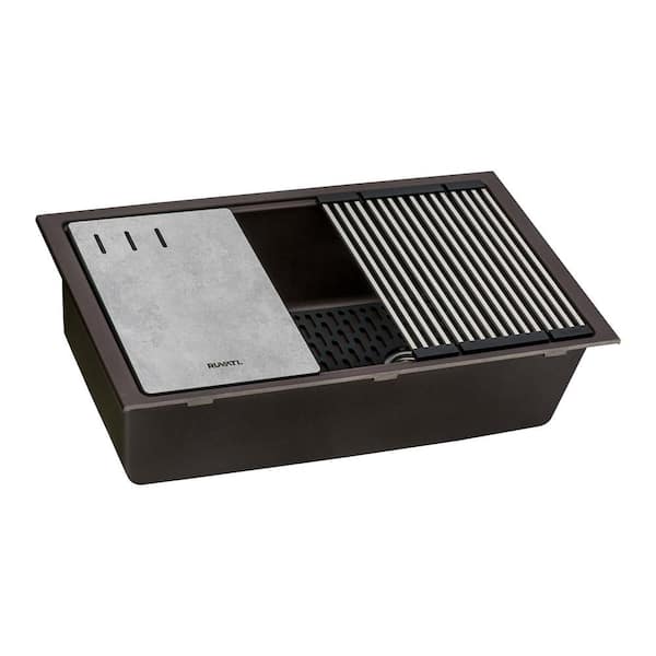 epiStage 33 in. Undermount SIngle Bowl Workstation Kitchen Sink in Coffee Brown Granite Composite with Offset Drain