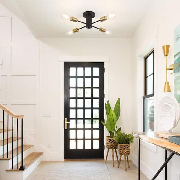 17.5 in. 4-Light Black/Gold Sputnik Semi- Flush Mount For Foyer Bedroom with No Bulbs Included