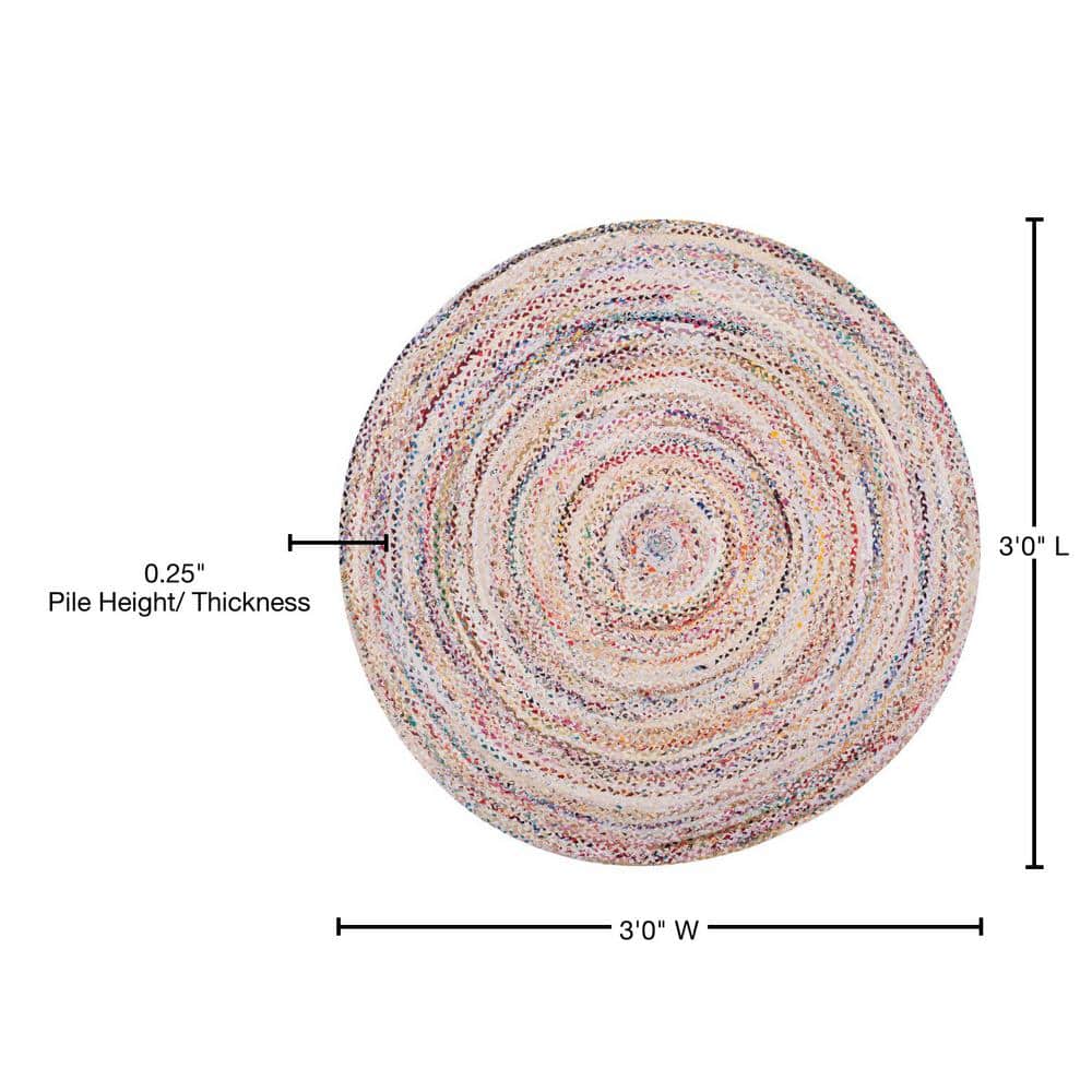 Ivory and Multicolor Braided Round Wool and Cotton Rug