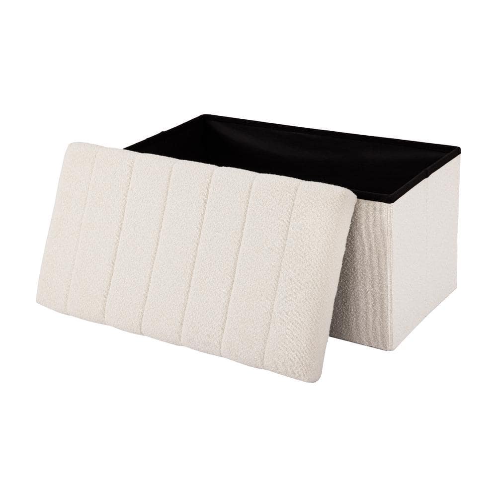 30" White Boucle Upholstered Storage Ottoman Bench