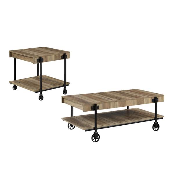 Furniture of America Bargib 2-Piece 47.25 in. Black and Rustic Oak Rectangle Wood Coffee Table Set with Wheels