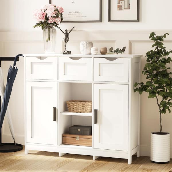 Storage Cabinets, Wooden Floor Cabinet, with Drawers and Shelves Storage Cabinet in White