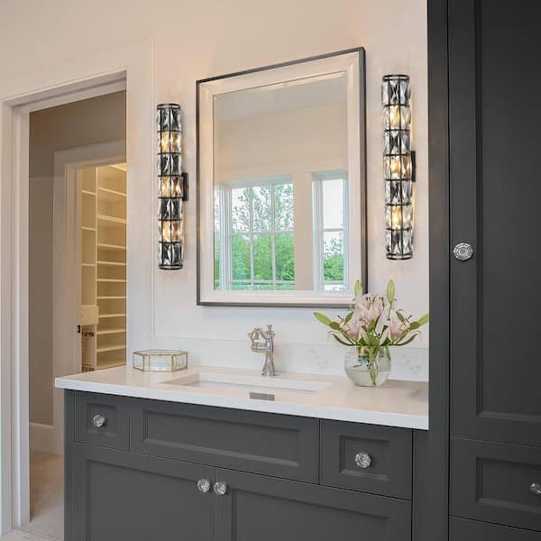 Modern 23.5 in. 3-Light Black Bathroom Vanity Light Bar with Glam Crystal Shade, Powder Room Wall Sconce, LED Compatible