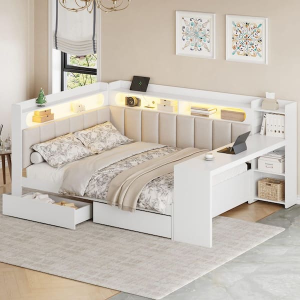 Selene White Full Size Daybed with Storage Shelves, Drawers, Charging Station, LED Light, Desk, Upholstered Headboard
