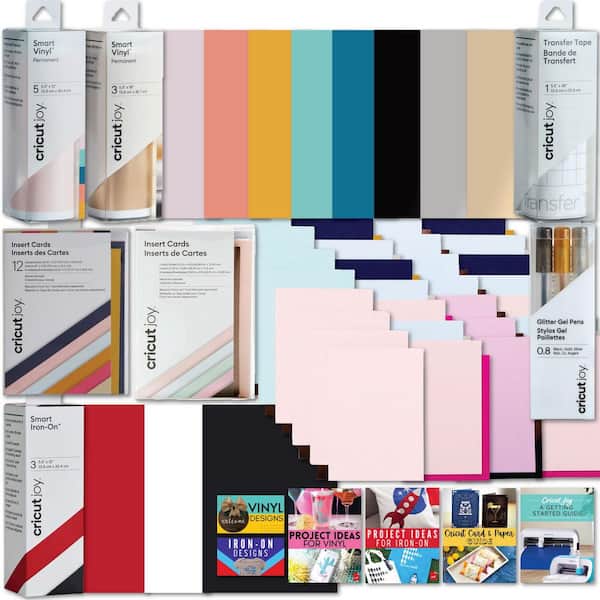 Joy Deluxe 40+ Piece Cutting Materials and Accessories Bundle with Vinyl, Iron-on, Cardmaking Kits, and Pens