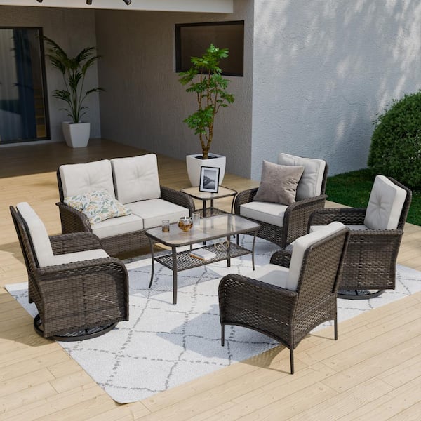 COOS BAY 7-Piece Wicker Patio Conversation Set with Beige Cushion - Loveseat, Chairs, Swivel Rockers, Side Table and Coffee Table
