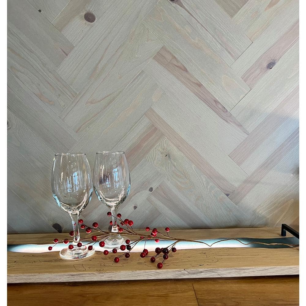 Pebble Gray Herringbone Self-Adhesive Red Pine Wall Planks, 10sq/ft