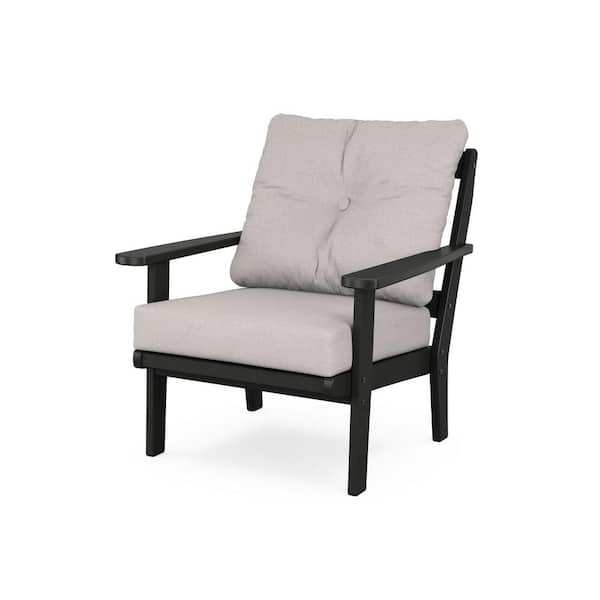 POLYWOOD Mission Plastic Outdoor Deep Seating Chair in Black with Dune Burlap Cushion