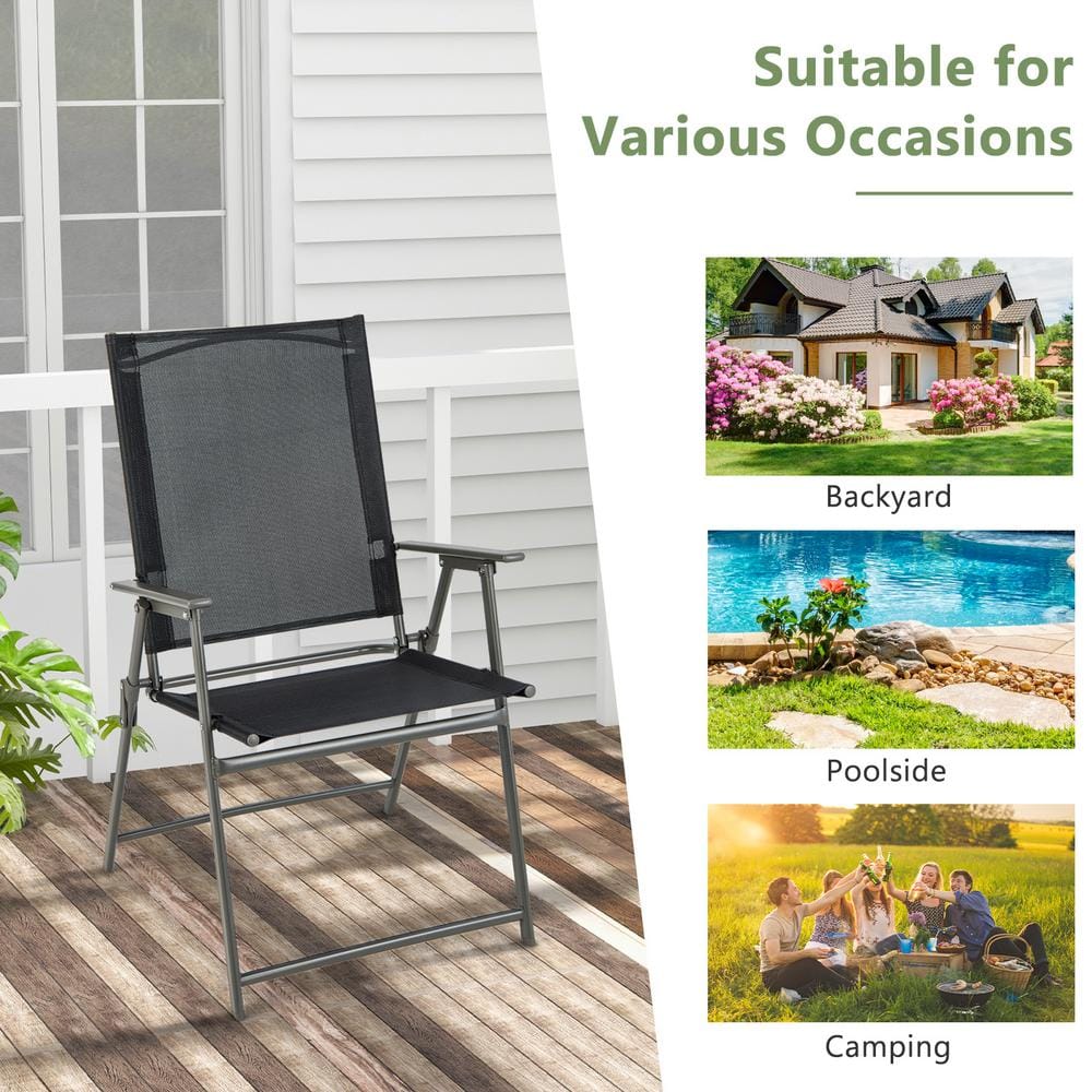 Black and Gray Metal Folding Outdoor Dining Chairs with Armrests, Set of 2