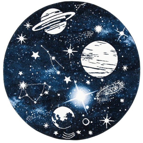 SAFAVIEH Carousel Kids 4 ft. x 4 ft. Dark Blue/Light Blue Galaxy Round ...