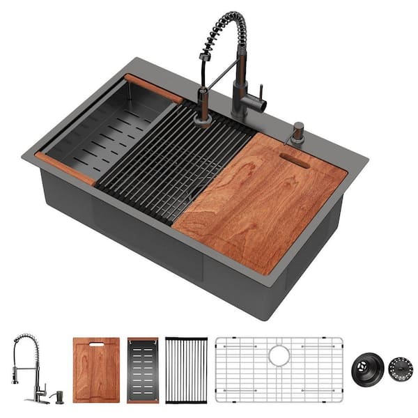 36 in. Drop-in/Topmount Single Bowl 16 Gauge Gunmetal Black Stainless Steel Workstation Kitchen Sink with Faucet