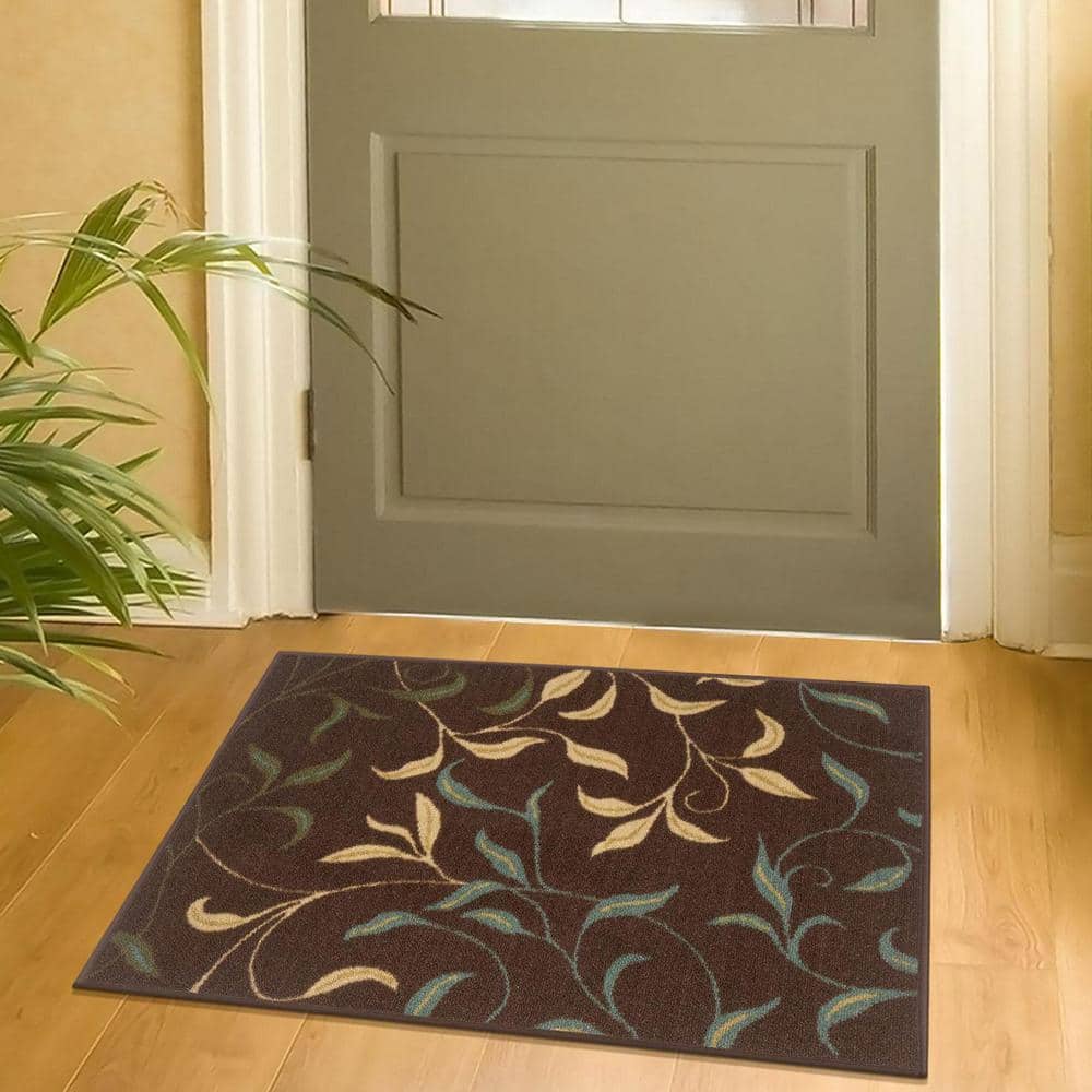 Brown Floral Leaves Non-Slip Washable Area Rug 2'3" x 3'