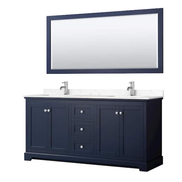 Wyndham Collection Avery 72 in. W x 22 in. D x 35 in. H Double Bath Vanity in Dark Blue with Carrara Cultured Marble Top and 70 in. Mirror