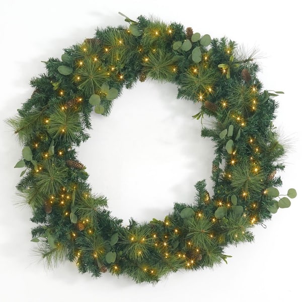 48 in. Green Pre-Lit LED Eucalyptus and Pine Artificial Christmas Wreath