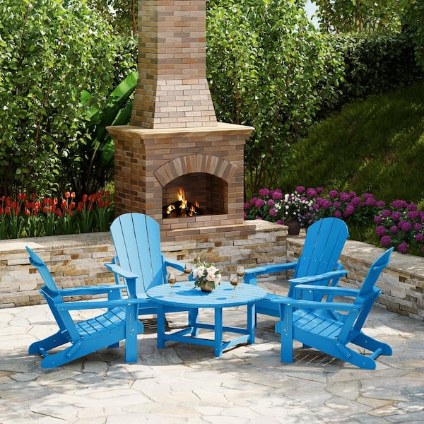 Laguna Pacific Blue Fade Resistant 5-PC Plastic Adirondack Chair Outdoor Patio Conversation Set With Round Coffee Table