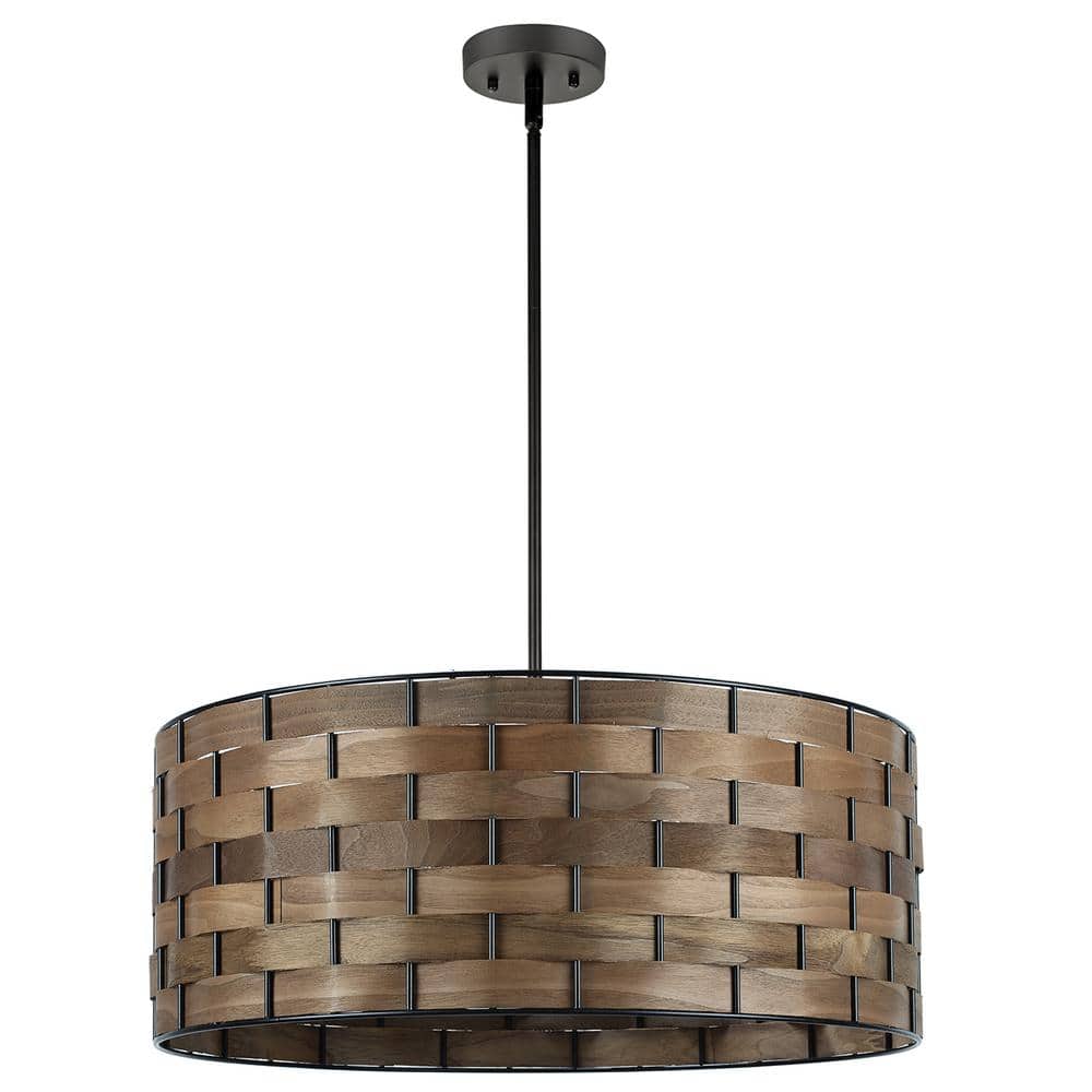 Walnut Wood Veneer Drum Pendant Chandelier with Black Metal Frame