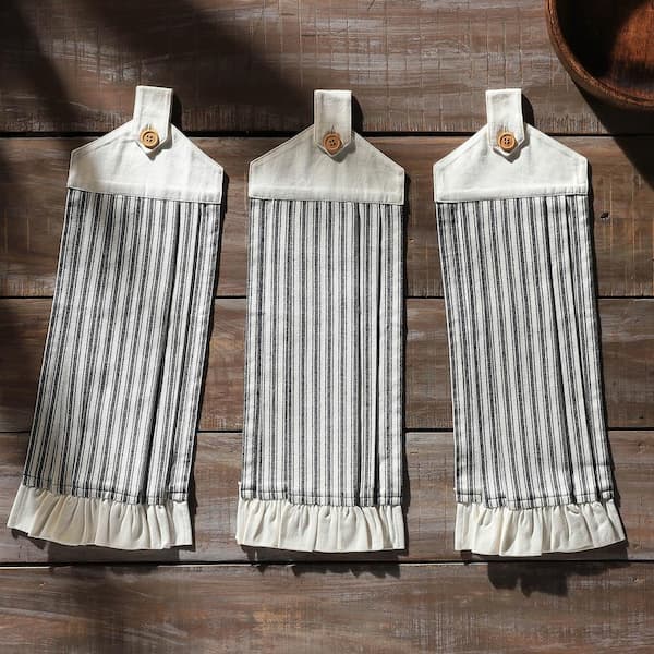 VHC Brands Sawyer Mill Black Ticking Stripe Button Loop cotton Blend Kitchen Tea Towel Set (Set of 3)