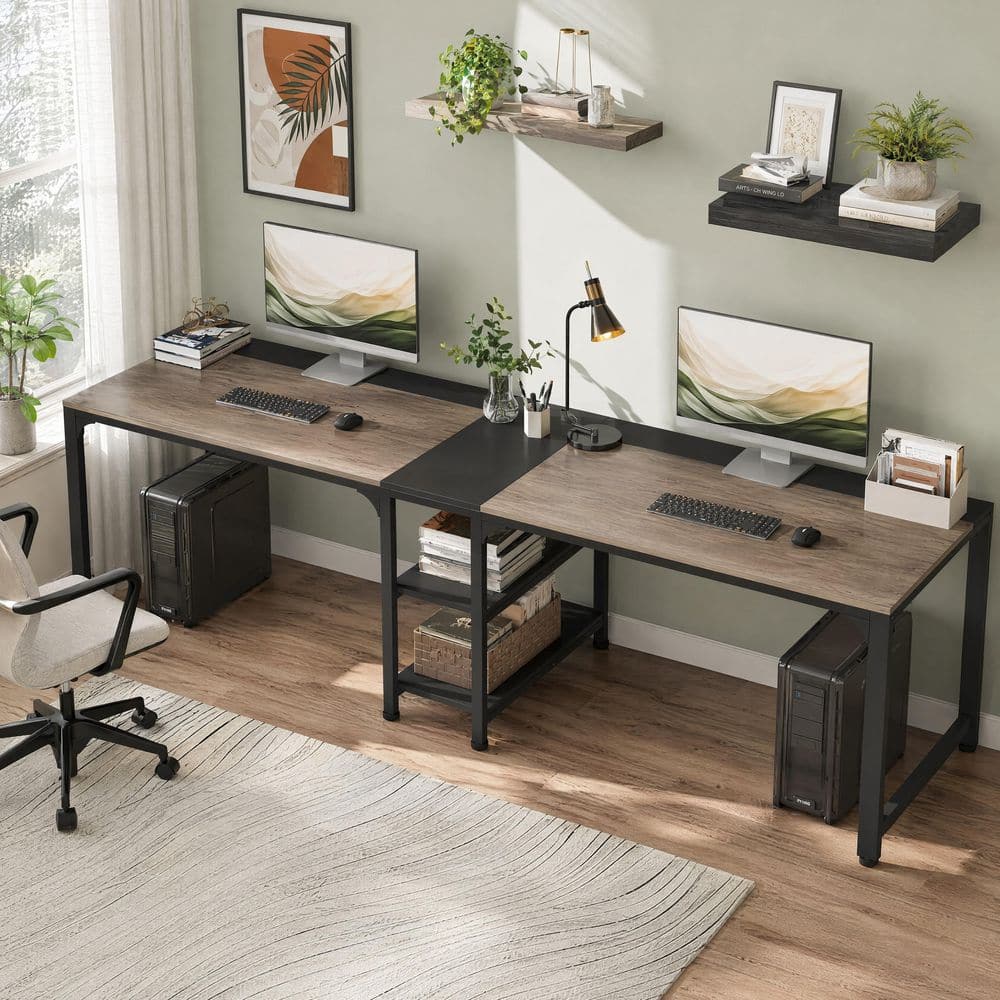 BYBLIGHT 90.55 in. Rectangular Black and Gray 2 Person Desk with