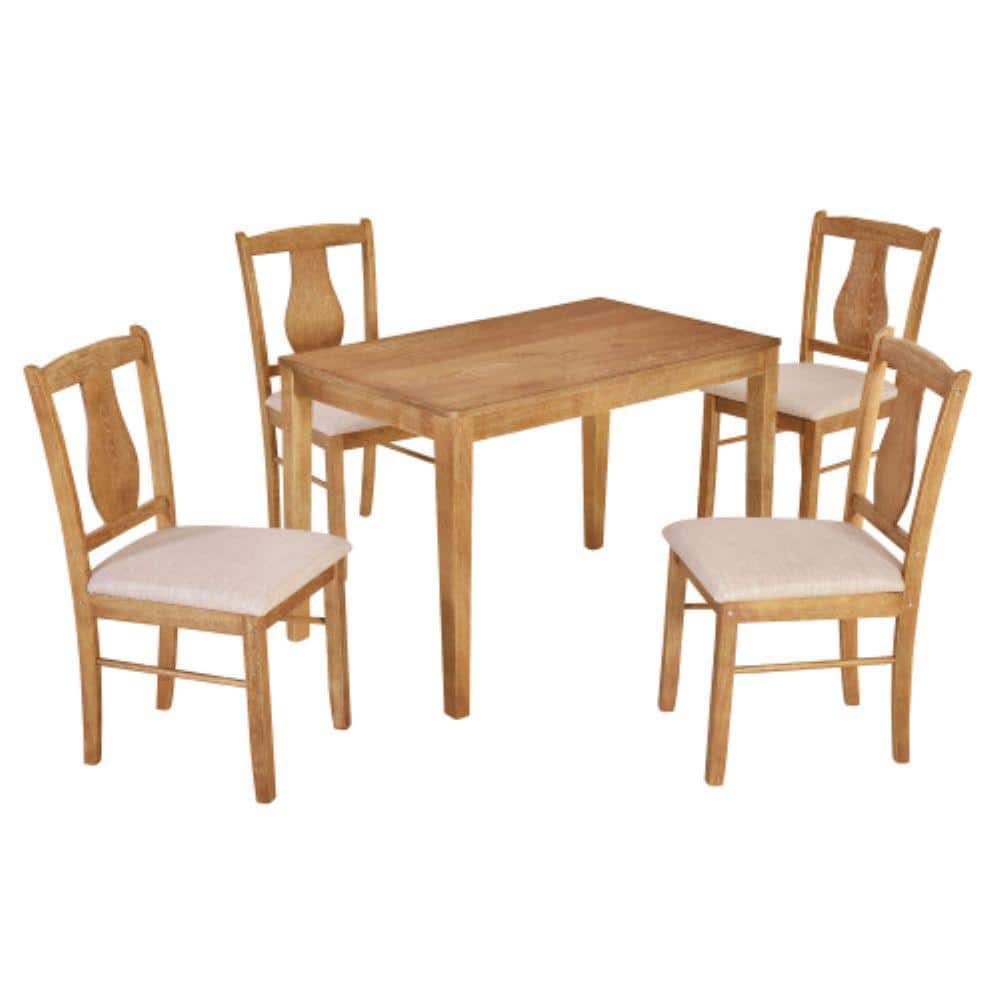 Brown 5-Piece Wood Rectangular Indoor Outdoor Dining Set with Cushion Beige/Tan for Kitchen and Dining Room