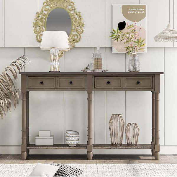 Polibi 58 in. Gray Wash Rectangle Wood Console Table with Two Storage Drawers and Bottom Shelf for Living Room, Entryway