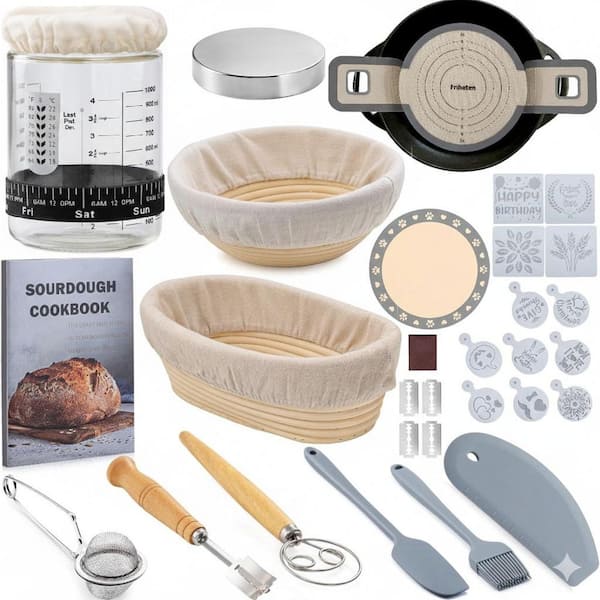 Sourdough Starter Kit with 9, 10 in. Banneton Basket, 40 oz. Jar, Silicone Bread Sling, Scoring Knife Cutter 12-Stencils