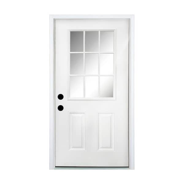 36 in. x 80 in. 2 Panel Right-Hand 9 Lite Clear Glass White Primed Fiberglass Front Door Slab with Frame,Threshold,Hinge