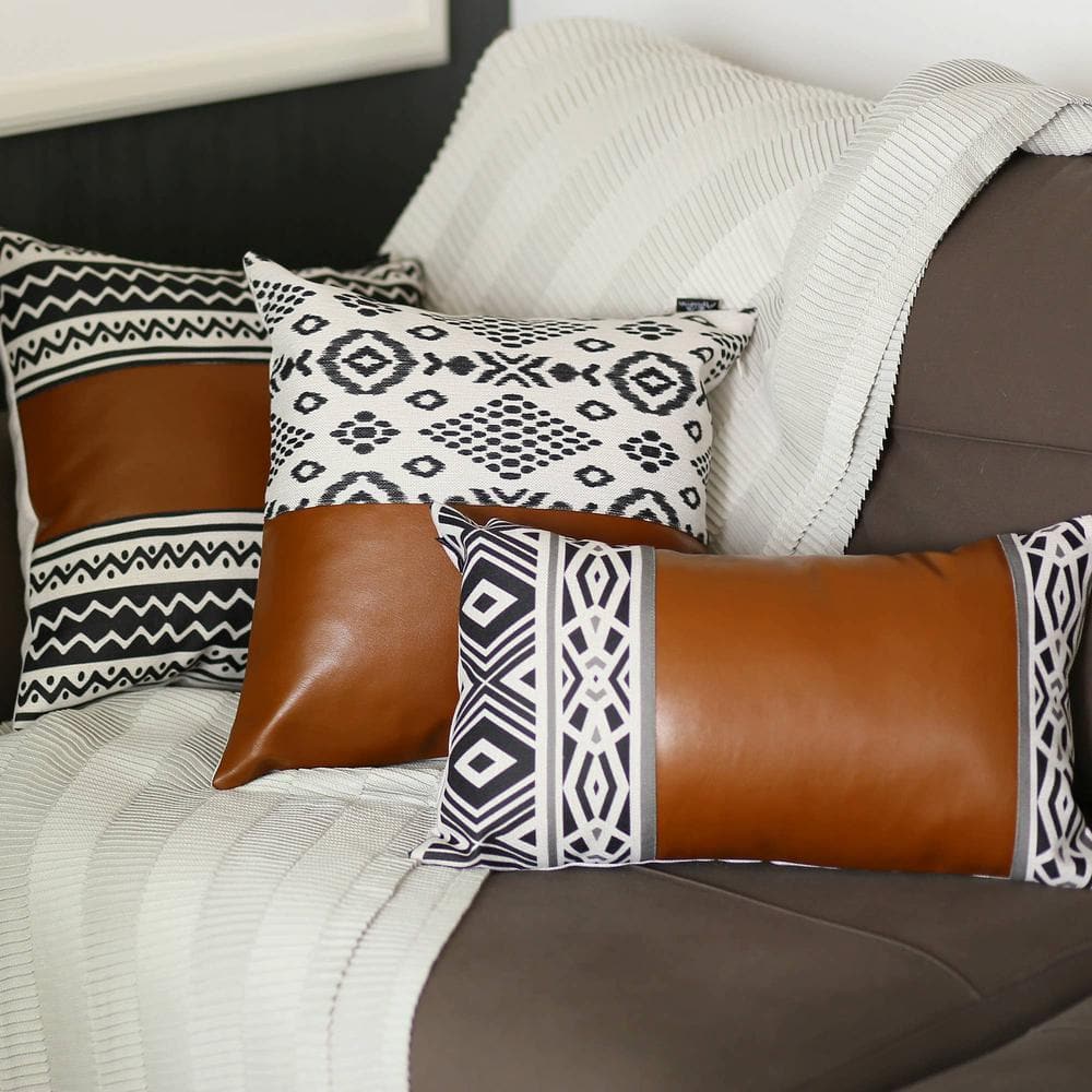 Brown Geometric Vegan Faux Leather 17" x 17" Throw Pillow