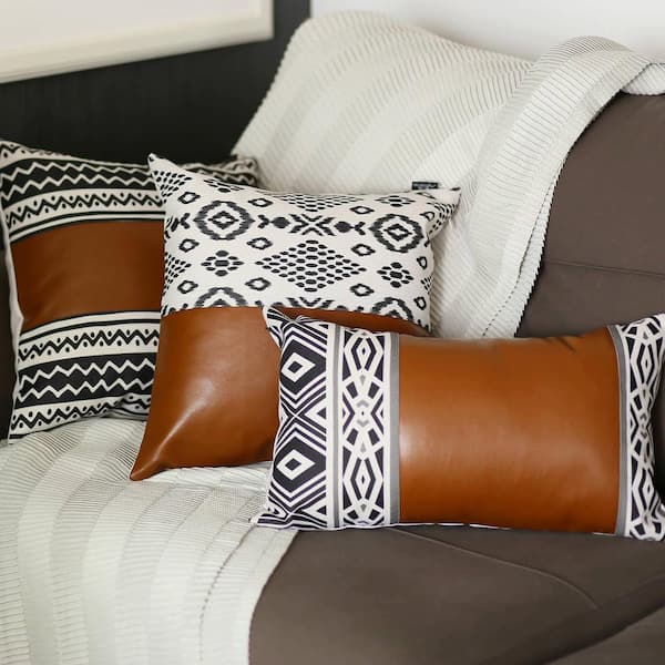 Mike&Co. New York Boho Mixed Set of 2 Handcrafted Vegan Faux Leather Brown Geometric Throw Pillow Cover for Couch, Bedding - Brown