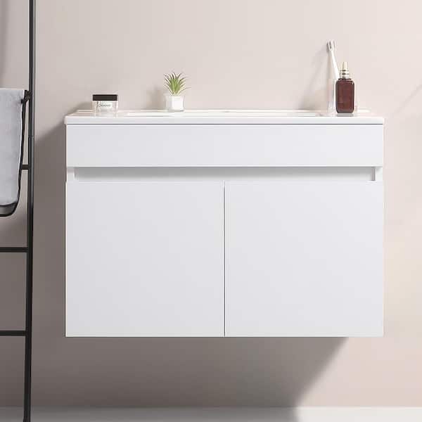 grossag 36 in. W x 18 in. D x 19 in. H Single Sink Floating Bath Vanity in White with White Ceramic Top