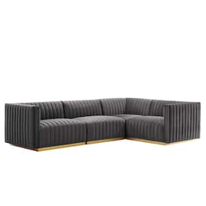 Conjure 109.5 in. W Channel Tufted Performance Velvet 4-Piece Sectional in Gold Gray