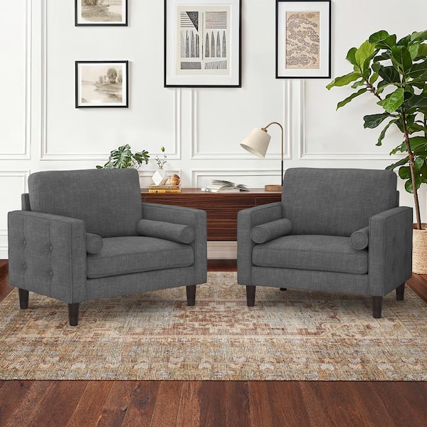 LUE BONA Loyo Mid Century Gray Chenille Fabric Upholstered Accent Chair Solid Wood Frame Button Tufted Armchair Set of 2