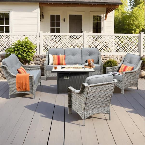 Toject Eureka 5-Piece Modern Wicker Outdoor Patio Conversation Sofa Seating Set with Metal Fire Pit and Dark Gray Cushions