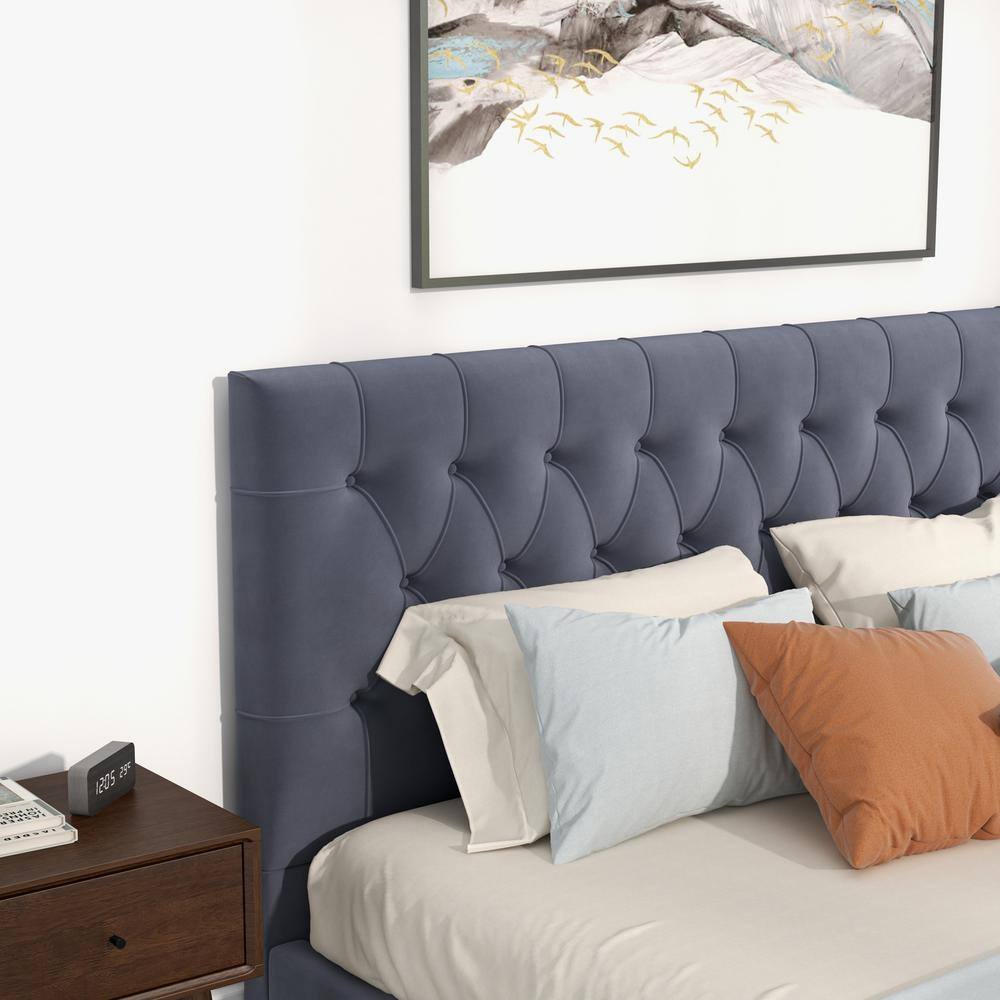 Elda Gray Velvet Upholstered King Platform Bed with Tufted Headboard