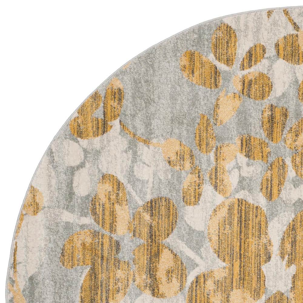 Grey and Gold Floral Round Synthetic Area Rug, 6'7"