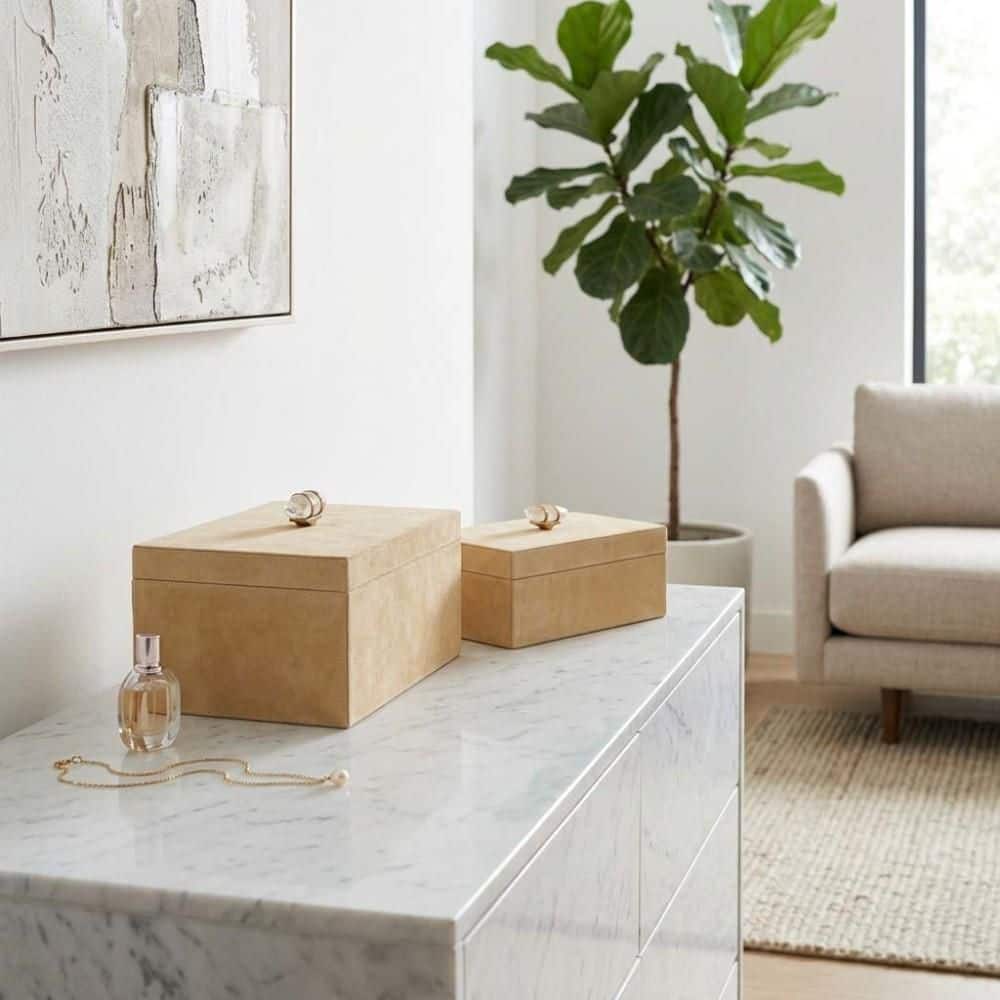 Tan/Ivory 10/12 in. Wood Suede Lidded Decorative Boxes (Set 2) price history on PriceWatchPro
