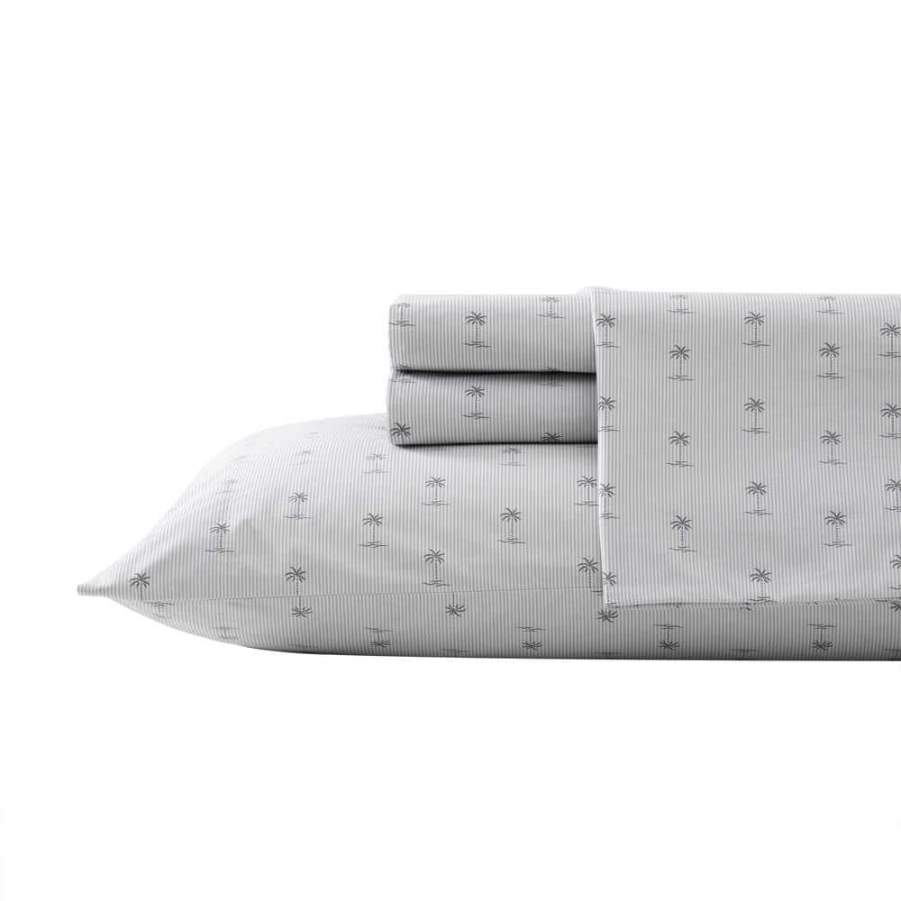 Gray Cotton Percale Queen Sheet Set with Palm Print