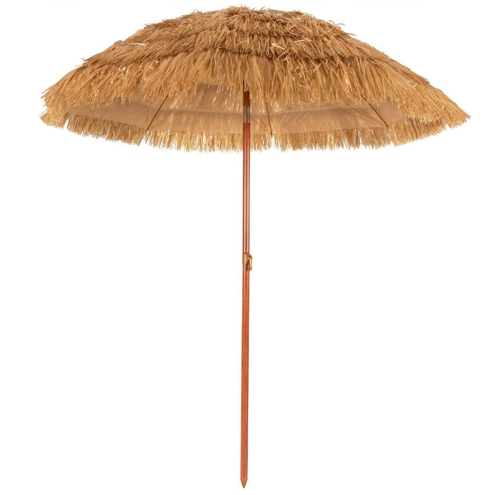 WELLFOR 6.5 Ft. Iron Thatched Tiki Beach Umbrella in Khaki OP-HGY-70714 ...