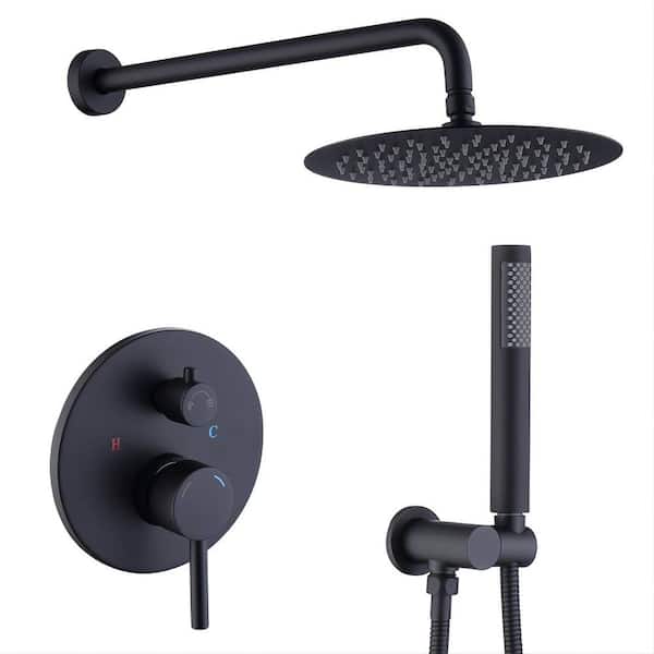 WELLFOR 2-Spray Patterns 1.8 GPM 10 in. Wall Mount Dual Shower Heads Round Shower Head with Hand Shower in Matte Black