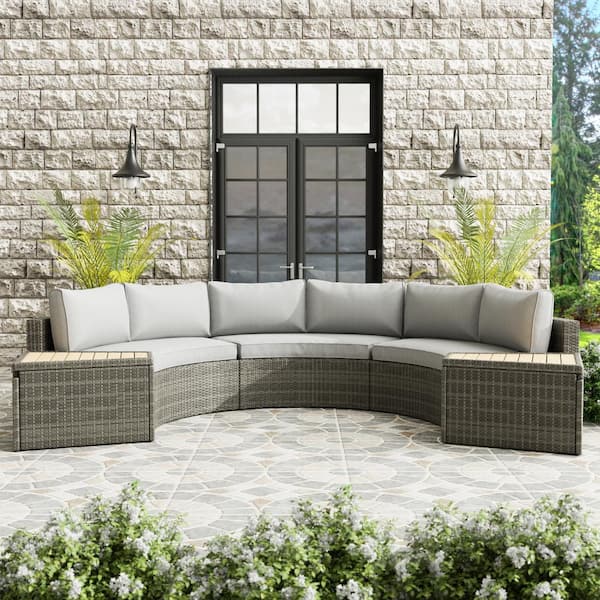 GREEMOTION Barbuda 5-Piece Steel/Teak Wood Modular Outdoor Sectional Set With Gray Cushions and Storage Tables