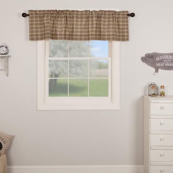 VHC BRANDS Sawyer Mill Plaid 72in. W x 16in. L Cotton Straight Edge Rod Pocket Farmhouse Kitchen Curtain Valance in Charcoal Tan