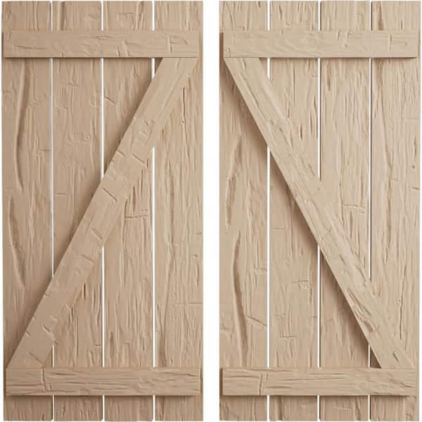 Ekena Millwork 23.5 in. x 74 in. Timberthane Polyurethane 4-Board Spaced Board-n-Batten Hand Hewn Faux Wood Shutters w/Z-Board Pair